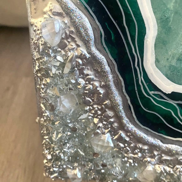 12x12 Resin Geode Painting, Deep green, silver and white on canvas panel - Picture 3 of 6